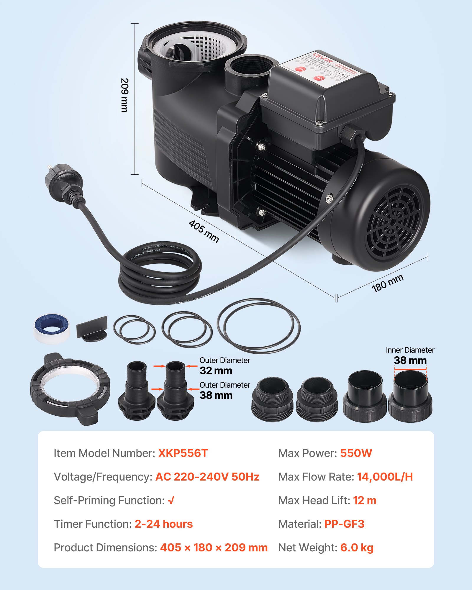 VEVOR Pool Pump, 550W, 14,000 L/H Max Flow Single Speed Swimming Pool Pump, AC 220-240V, 3450 RPM, 12 m Max Head, with 24-Hour Timer & Filter Basket, for Above-Ground & In-Ground Pools, Hot Tubs, Spas