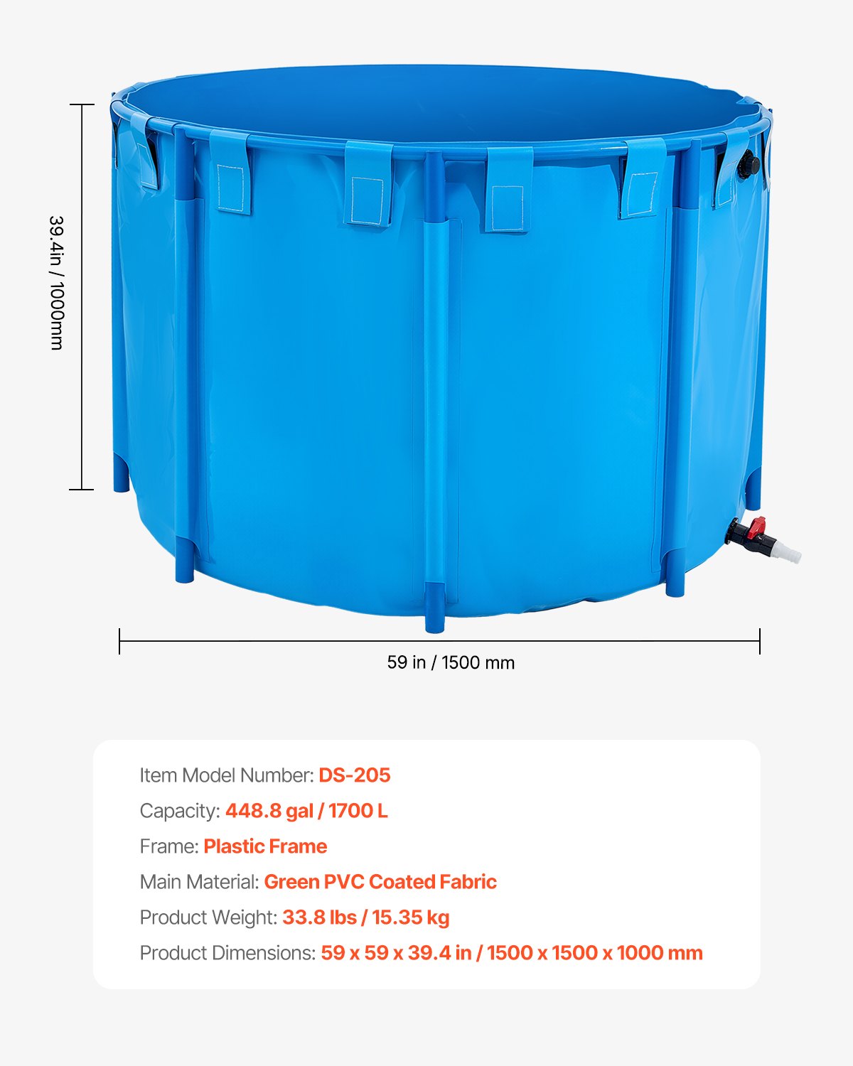 VEVOR Canvas Fish Pond, 1700 L Capacity Above Ground Fish Pond, Foldable PVC Koi Tank, Round Goldfish Tank with Stable PVC Frame and Drain Valve, for Aquaculture, Koi Breeding, and Irrigation (Blue)