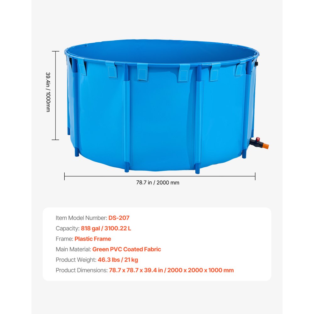 VEVOR Canvas Fish Pond, 3100.22 L Capacity Above Ground Fish Pond, Foldable PVC Koi Tank, Round Goldfish Tank with Stable PVC Frame and Drain Valve, for Aquaculture, Koi Breeding & Irrigation (Blue)
