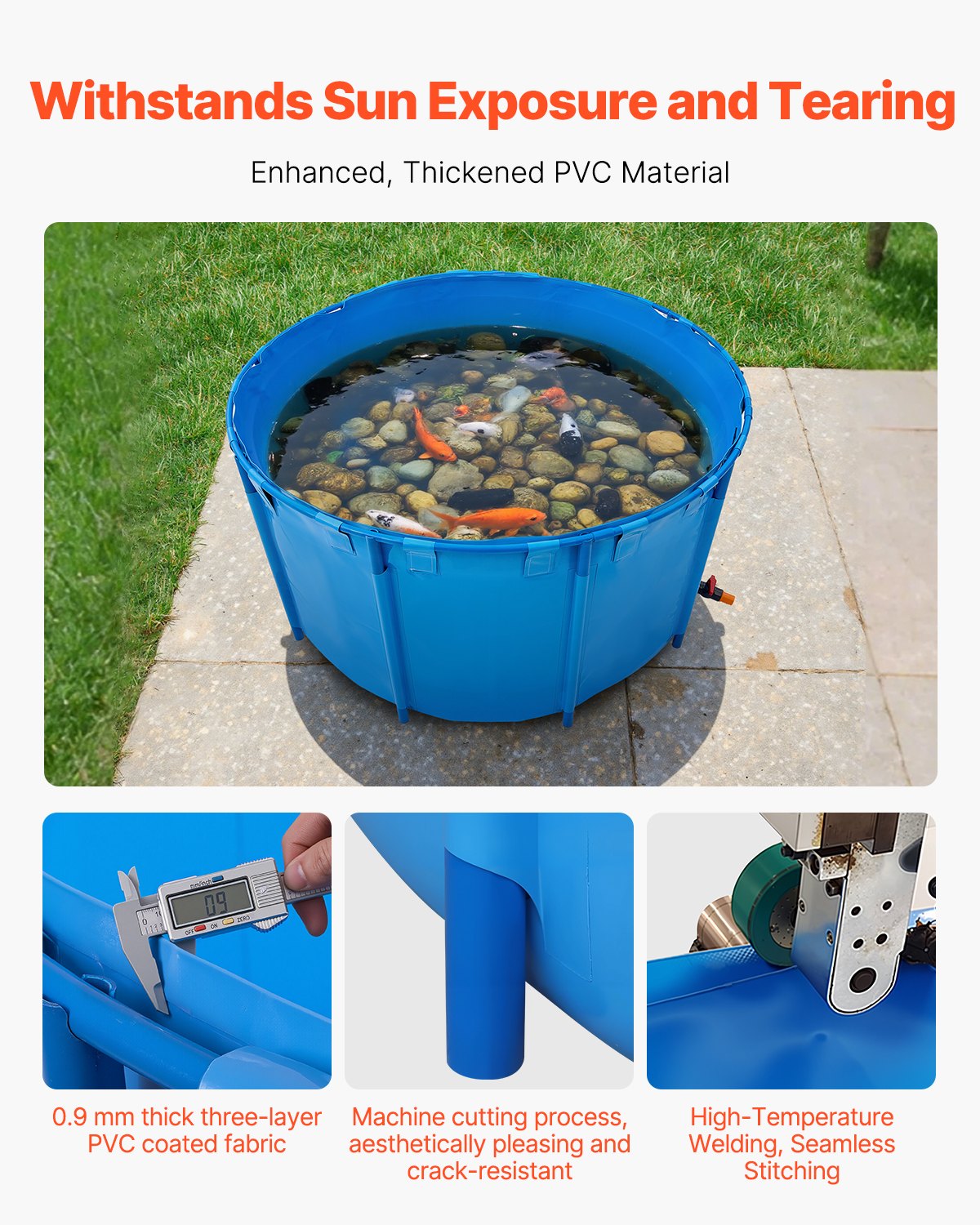 VEVOR Canvas Fish Pond, 3100.22 L Capacity Above Ground Fish Pond, Foldable PVC Koi Tank, Round Goldfish Tank with Stable PVC Frame and Drain Valve, for Aquaculture, Koi Breeding & Irrigation (Blue)