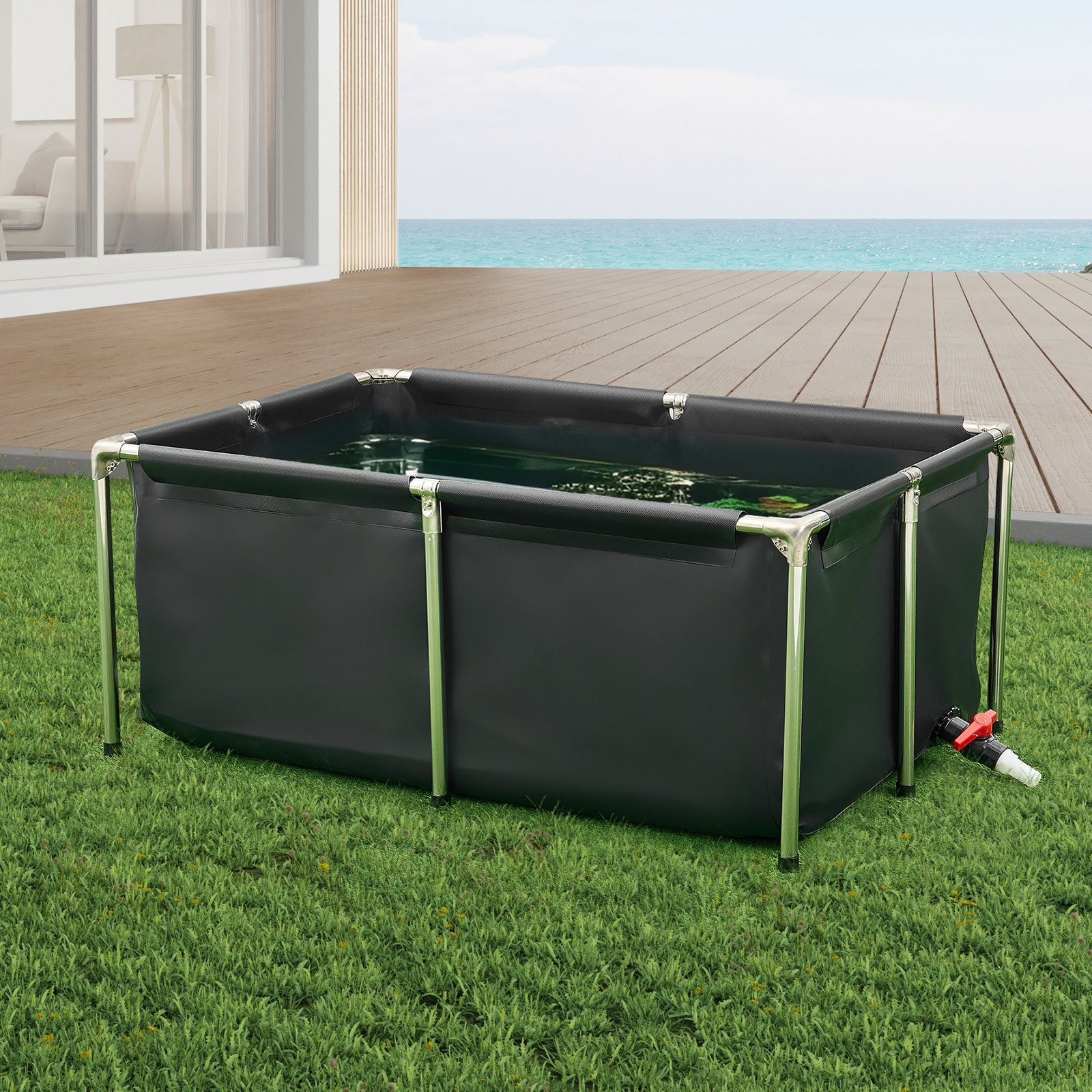 VEVOR Canvas Fish Pond, 480 L Above Ground Fish Pond, Foldable PVC Koi Tank, Rectangular Goldfish Tank with Stainless Steel Frame and Drain Valve, for Aquaculture, Koi Breeding & Irrigation (Black)