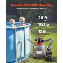 12 in Sand Filter Pump for Above Ground Swimming Pools 1/2 HP 3000 GPH Flow Rate