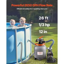 12 in Sand Filter Pump for Above Ground Swimming Pools 1/3 HP 2650 GPH Flow Rate