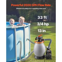 13 in Sand Filter Pump for Above Ground Swimming Pools 3/4 HP 3500 GPH Flow Rate