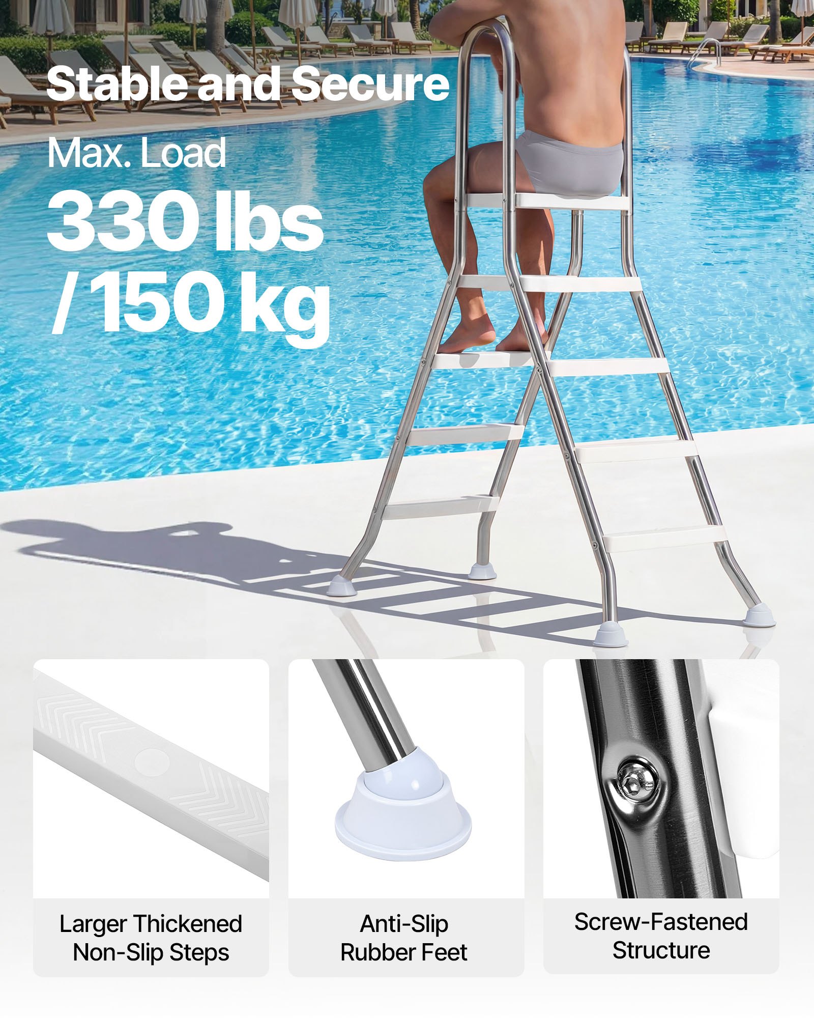 VEVOR Above Ground Pool Ladder, Stainless Steel A-Frame Swimming Pool Stairs for 125 cm High Wall, 150 kg Capacity Heavy Duty Entry/Exit Steps with Secure Non-Slip 4 Steps and Platform, Silver