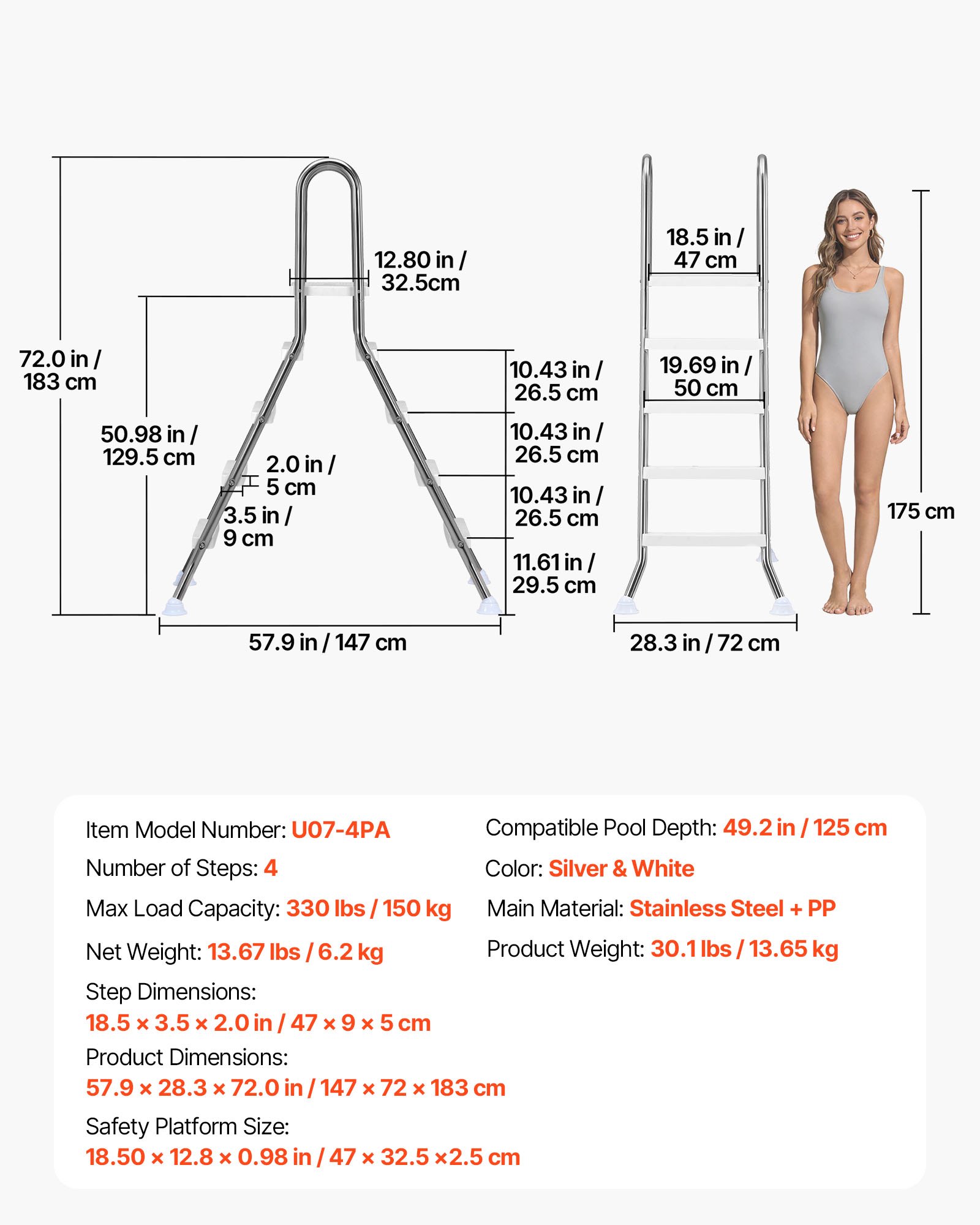 VEVOR Above Ground Pool Ladder, Stainless Steel A-Frame Swimming Pool Stairs for 125 cm High Wall, 150 kg Capacity Heavy Duty Entry/Exit Steps with Secure Non-Slip 4 Steps and Platform, Silver