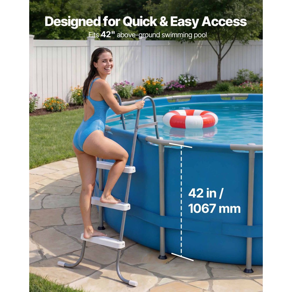 VEVOR Above Ground Pool Ladder, 3-Step Steel A-Frame Swimming Pool Stairs for 106.7 cm High Wall, 136 kg Capacity Entry/Exit Steps with Secure Non-Slip Sturdy Wide Step, Easy Setup, Gray & White