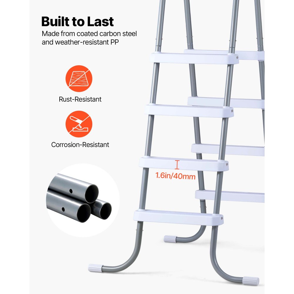 VEVOR Above Ground Pool Ladder, 4-Step Steel A-Frame Swimming Pool Stairs for 121.9 cm High Wall, 136 kg Capacity Entry/Exit Steps with Secure Non-Slip Sturdy Wide Step, Easy Setup, Gray & White