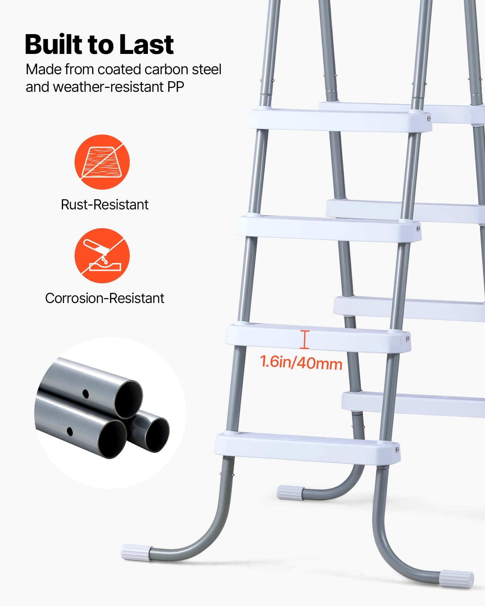 VEVOR Above Ground Pool Ladder, 4-Step Steel A-Frame Swimming Pool Stairs for 121.9 cm High Wall, 136 kg Capacity Entry/Exit Steps with Secure Non-Slip Sturdy Wide Step, Easy Setup, Gray & White