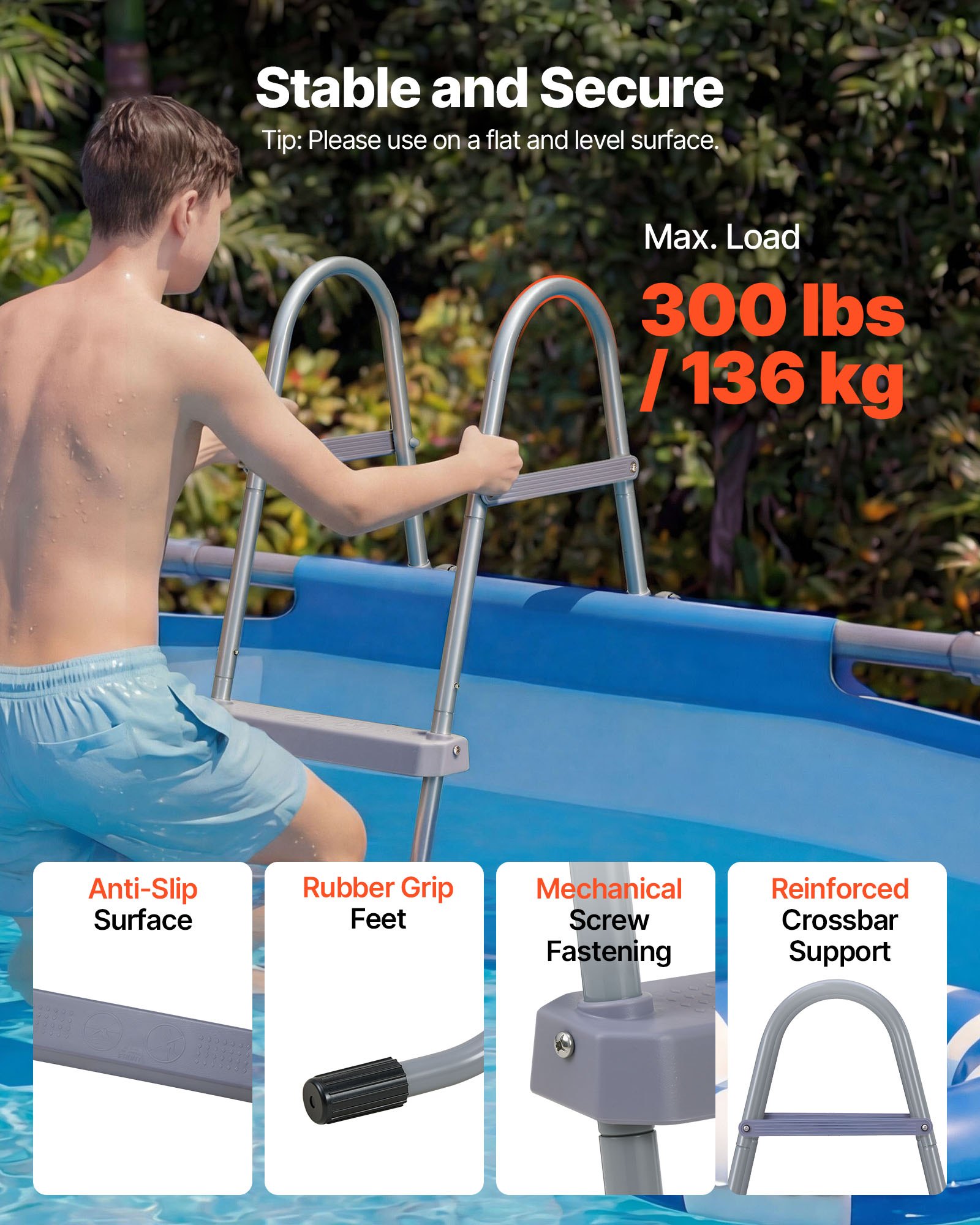 VEVOR Above Ground Pool Ladder, 4-Step Steel A-Frame Swimming Pool Stairs for 132.1 cm High Wall, 136 kg Capacity Entry/Exit Steps with Secure Non-Slip Sturdy Wide Step, Easy Setup Outdoor, Gray