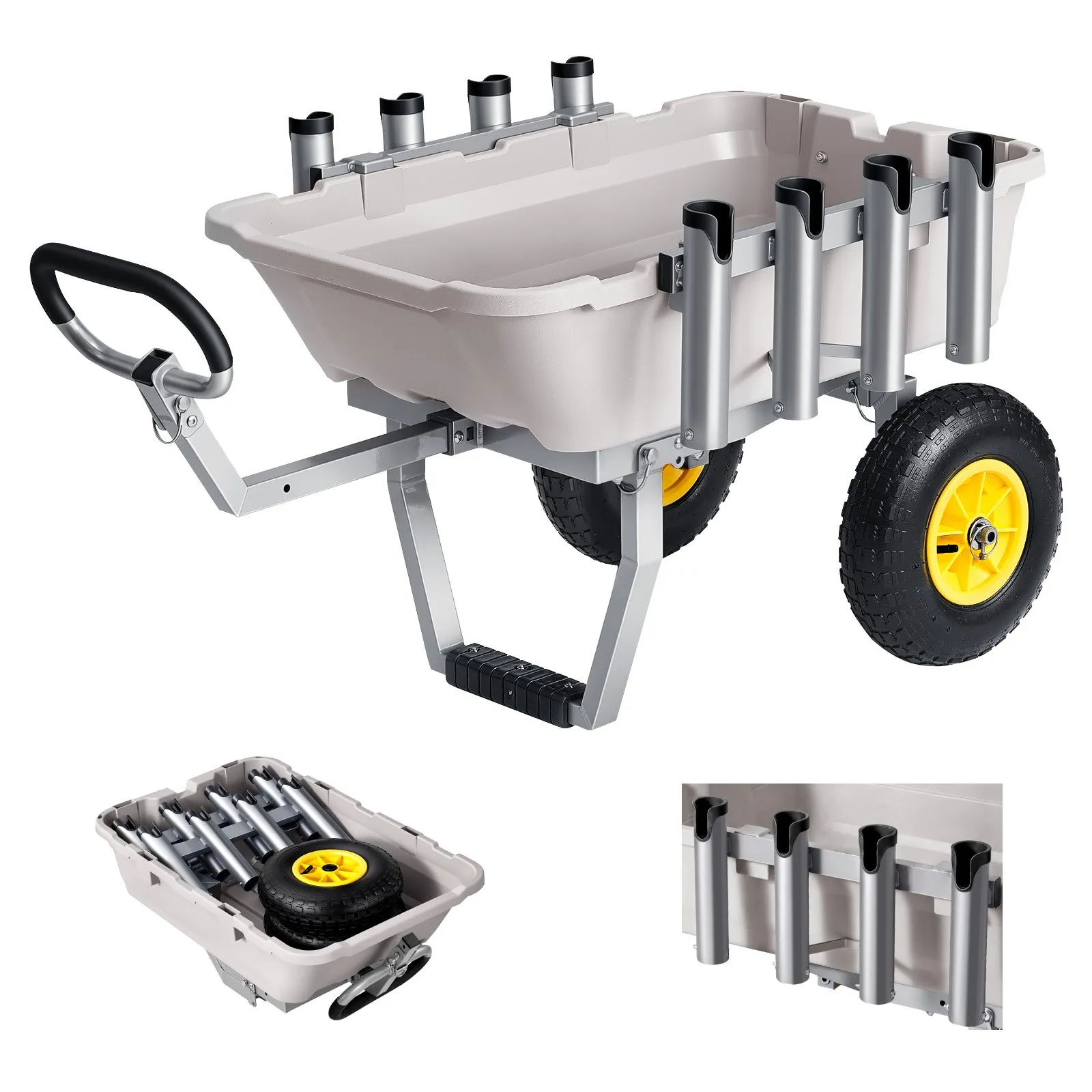 VEVOR Beach Fishing Cart, 90.7 kg Load Capacity, Fishing Cart with Poly Bed, Heavy-Duty Aluminum Alloy Frame, 330 mm All-Terrain Tires, 8 Rod Holders, Strap, Easy to Clean, for Outdoor Camping Picnic