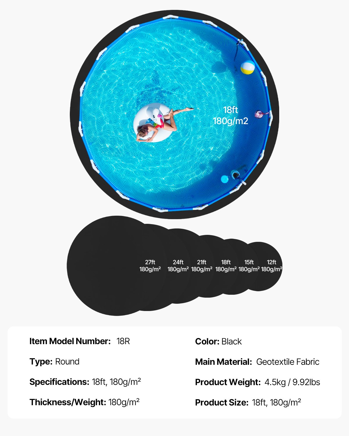 VEVOR 18ft Round Pool Liner Pad, Pool Liner Pad for Above Ground Swimming Pools, Pool-Mat Prevents Punctures, Recycled Geotextile Material Underlayment Pads, Extend Service Life