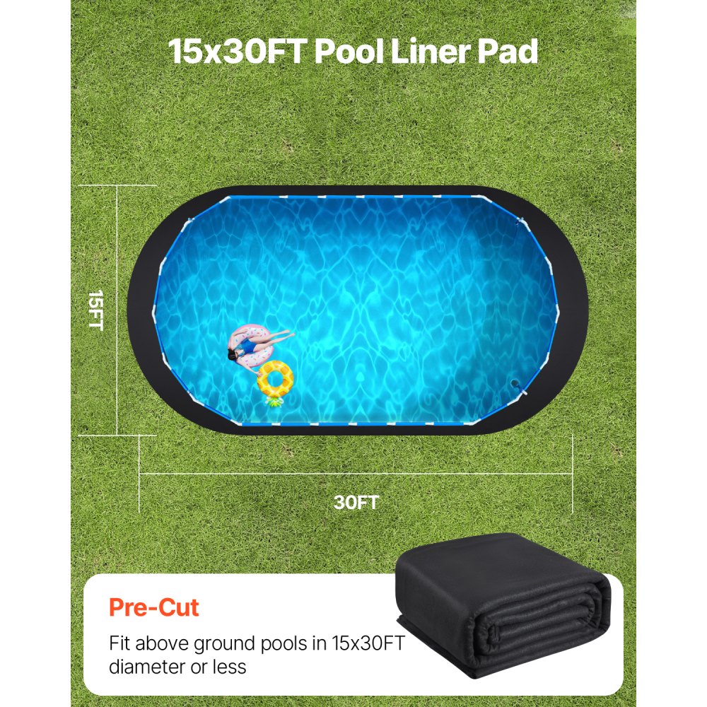 VEVOR Oval Pool Liner Pad, 15 x 30 ft Pool Liner Pad for Above Ground Swimming Pools, Extra-Thick Pool Mat, Prevents Punctures, Recycled Geotextile Material Underlayment Pad, Extend Liner Life