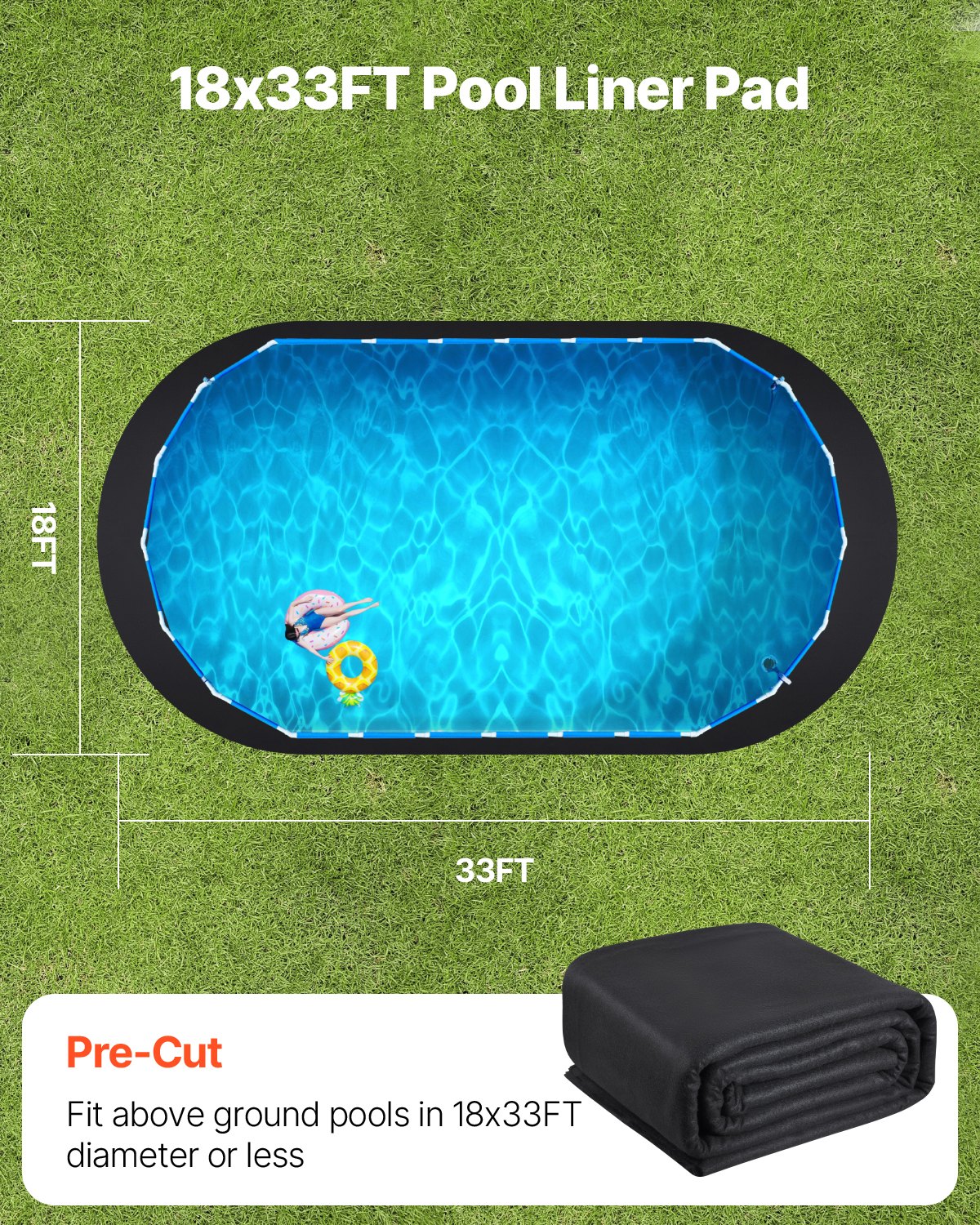 VEVOR Oval Pool Liner Pad, 18 x 33 ft Pool Liner Pad for Above Ground Swimming Pools, Extra-Thick Pool Mat, Prevents Punctures, Recycled Geotextile Material Underlayment Pad, Extend Liner Life