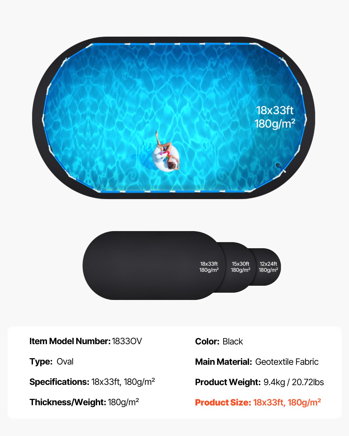 VEVOR Oval Pool Liner Pad, 18 x 33 ft Pool Liner Pad for Above Ground Swimming Pools, Extra-Thick Pool Mat, Prevents Punctures, Recycled Geotextile Material Underlayment Pad, Extend Liner Life