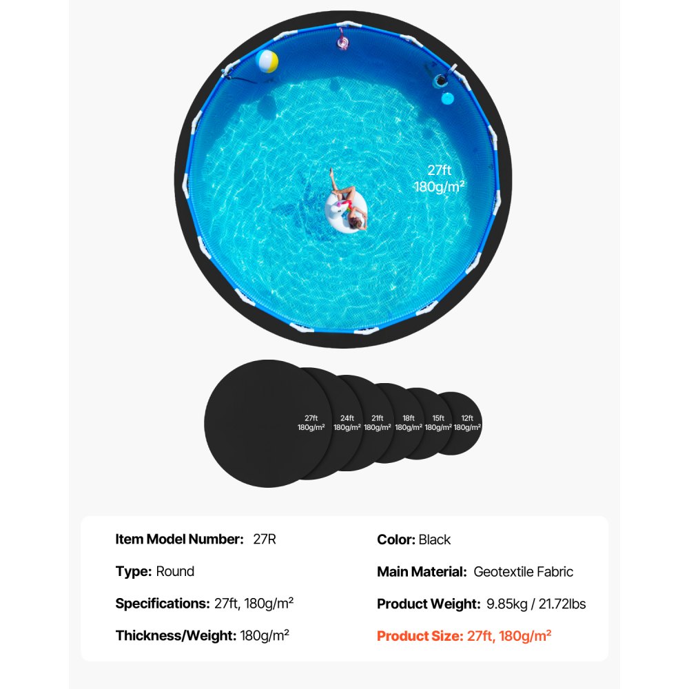 VEVOR 27ft Round Pool Liner Pad, Pool Liner Pad for Above Ground Swimming Pools, Extra-Thick Pool Mat, Prevents Punctures, Recycled Geotextile Material Underlayment Pad, Extend Liner Life