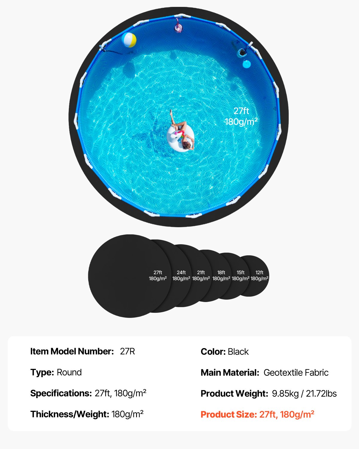 VEVOR 27ft Round Pool Liner Pad, Pool Liner Pad for Above Ground Swimming Pools, Extra-Thick Pool Mat, Prevents Punctures, Recycled Geotextile Material Underlayment Pad, Extend Liner Life