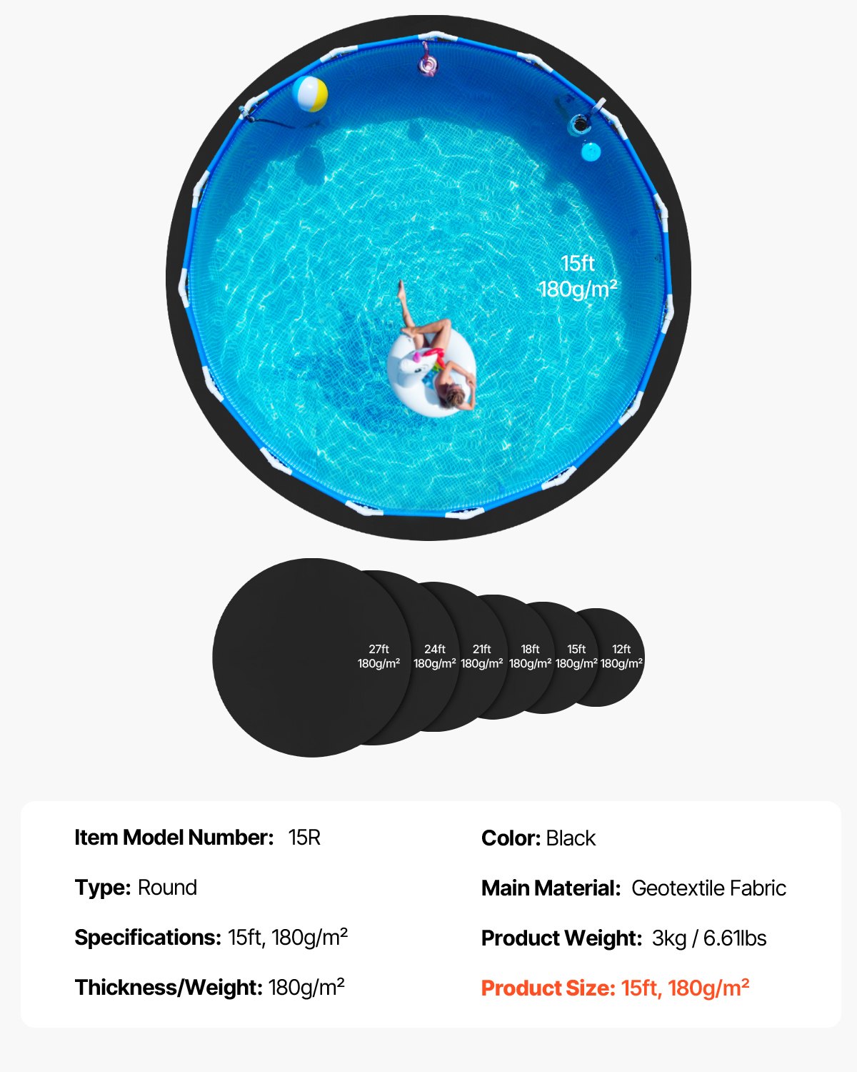 VEVOR 15ft Round Pool Liner Pad, Pool Liner Pad for Above Ground Swimming Pools, Extra-Thick Pool Mat, Prevents Punctures, Recycled Geotextile Material Underlayment Pad, Extend Liner Life