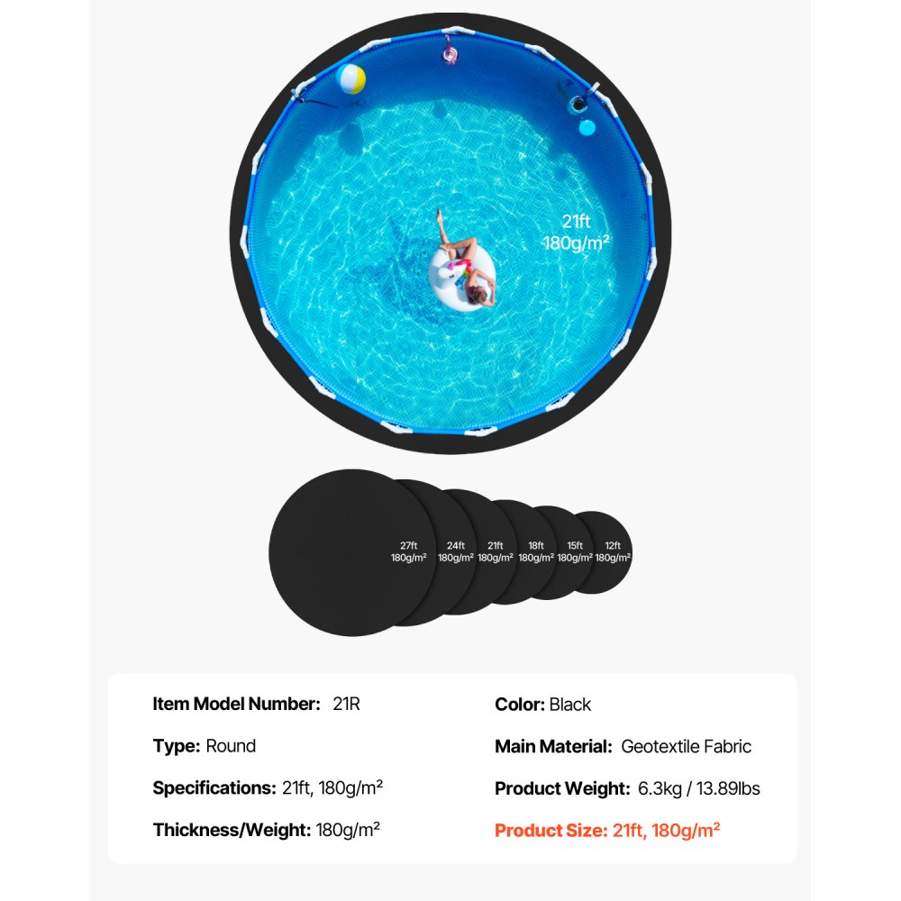 VEVOR 21ft Round Pool Liner Pad, Pool Liner Pad for Above Ground Swimming Pools, Extra-Thick Pool Mat, Prevents Punctures, Recycled Geotextile Material Underlayment Pad, Extend Liner Life