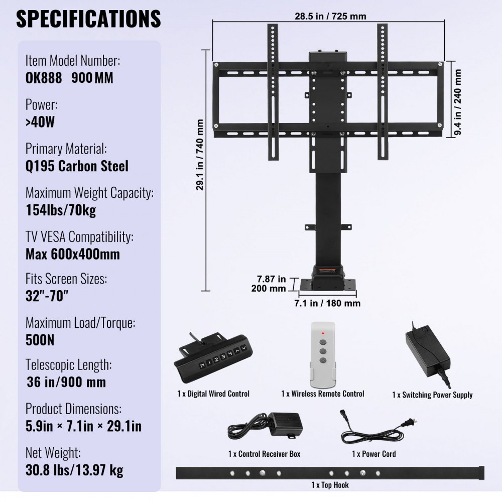 Elevador de TV motorizado VEVOR con recorrido de 35 pulgadas y soporte motorizado para TV de 32 a 65 pulgadas con control remoto, altura ajustable de 28,7 a 64,2 pulgadas, capacidad de carga de 154 libras.