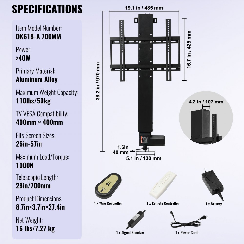 VEVOR Automated TV Elevator for Up to 50" Screens, 28" Stroke with Adjustable Height from 38" to 65", Remote Controlled, Supports up to 132 lbs