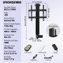 VEVOR motorized tv lift specifications and dimensions with remote controller details.