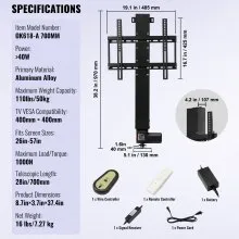 VEVOR Motorized TV Lift Stroke Length 28 Inches Motorized TV Mount Fit for Max.50 Inch TV Lift with Remote Control Height Adjustable 38-65 Inch,Load Capacity 132 Lbs
