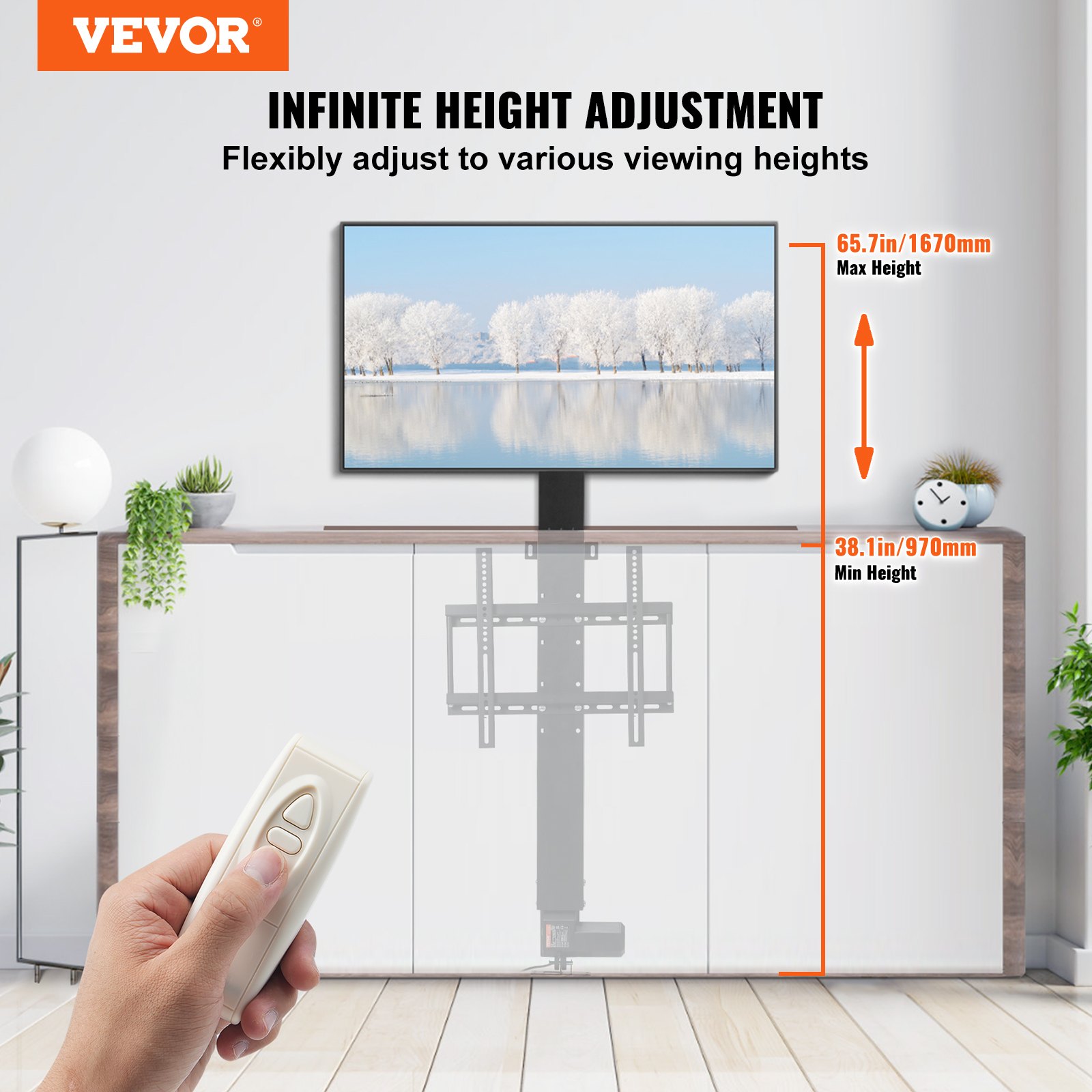 VEVOR Automated TV Elevator for Up to 50" Screens, 28" Stroke with Adjustable Height from 38" to 65", Remote Controlled, Supports up to 132 lbs