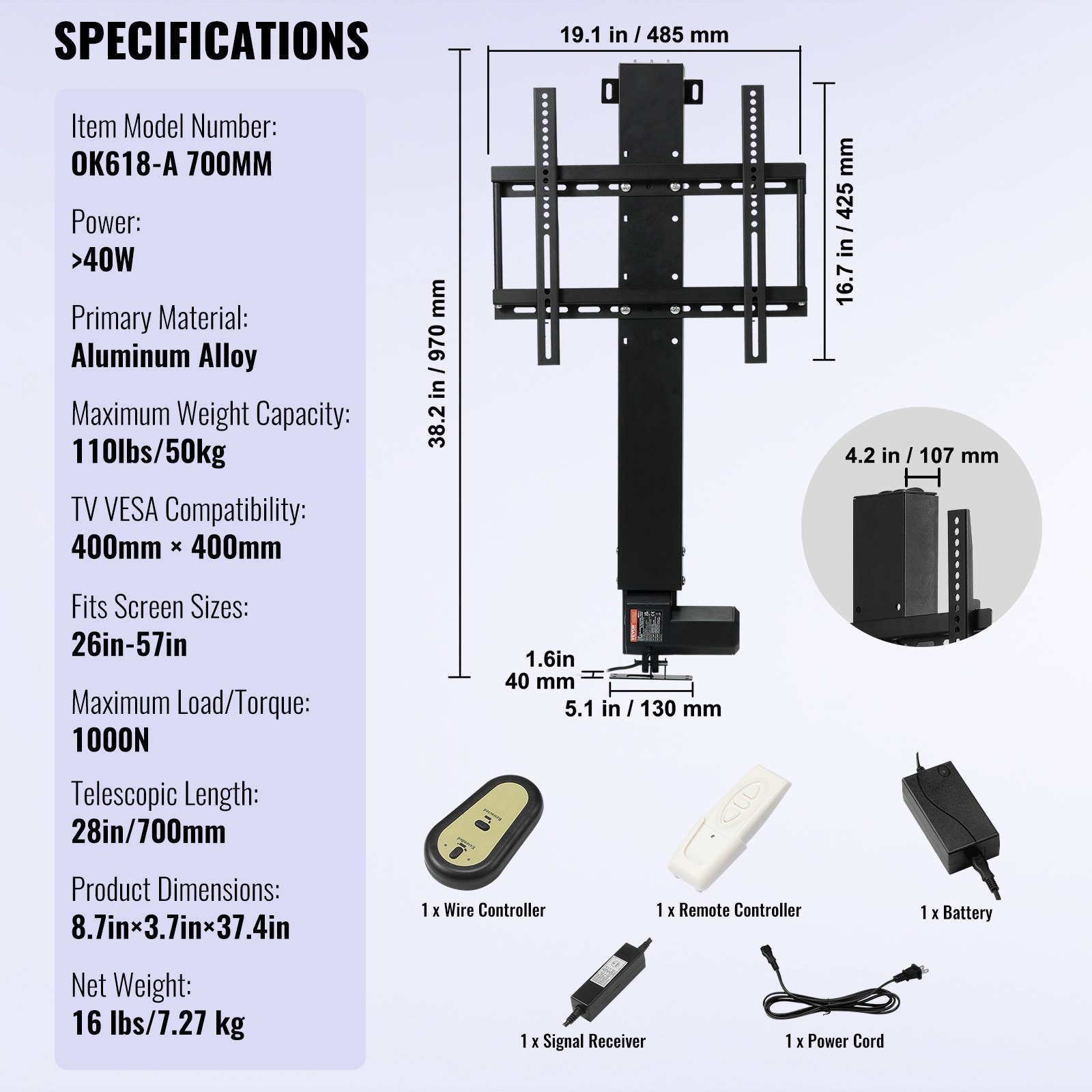 VEVOR Automated TV Elevator for Up to 50" Screens, 28" Stroke with Adjustable Height from 38" to 65", Remote Controlled, Supports up to 132 lbs