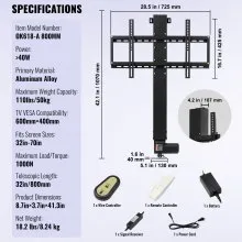 VEVOR Motorized TV Lift Stroke Length 31 Inches Motorized TV Mount Fit for Max.60 Inch TV Lift with Remote Control Height Adjustable 42-73 Inch,Load Capacity 132 Lbs