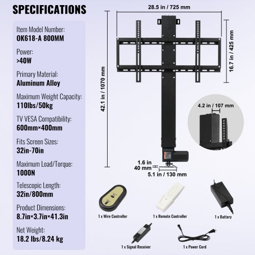 VEVOR TV Lift Stand Motorized TV auto Lift Mount Bracket for 26"-60" Flat Screen LCD/LED/OLED Plasma TVs Heavy Duty Electric TV Mount Motorised TV Lift