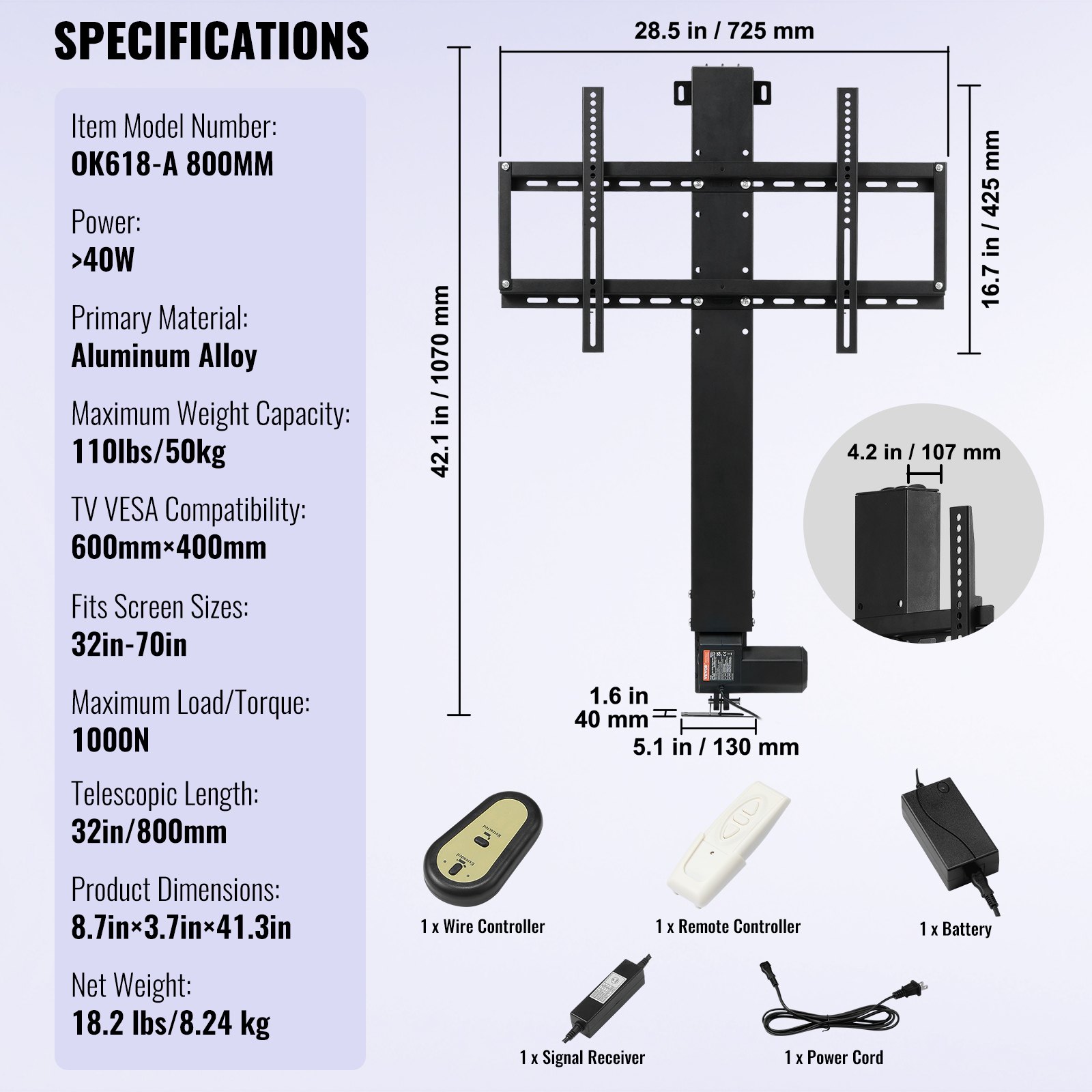 VEVOR 800mm Motorized TV Lift Stroke Length Inches Motorized TV Mount Fit for TV Lift with Remote Control Height Adjustable Load Capacity Wireless Remote Control (32"(80cm))