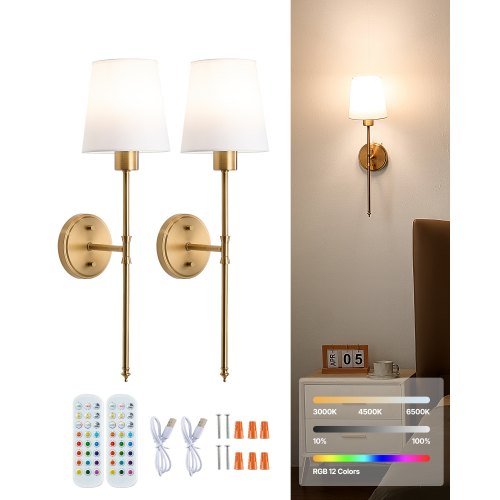 Battery Operated Wall Sconce Set of 2 Wireless Wall Lights with Remote Control