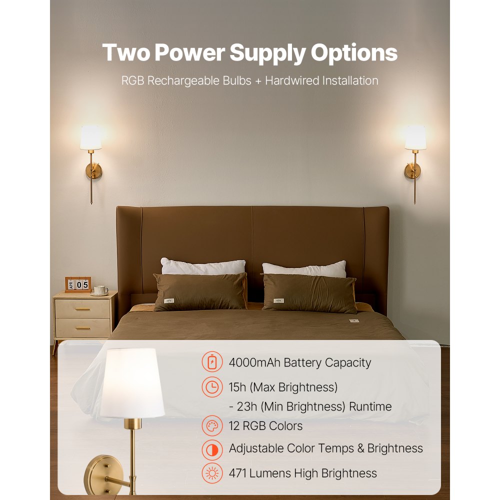 VEVOR Battery Operated Wall Sconce Set of 2, 4000mAh Rechargeable Wireless Wall Lights with Remote Control, 30 Lighting Modes, 12 RGB Colors & Timer, Dimmable Wall Lamp for Living Room Bedroom Hallway