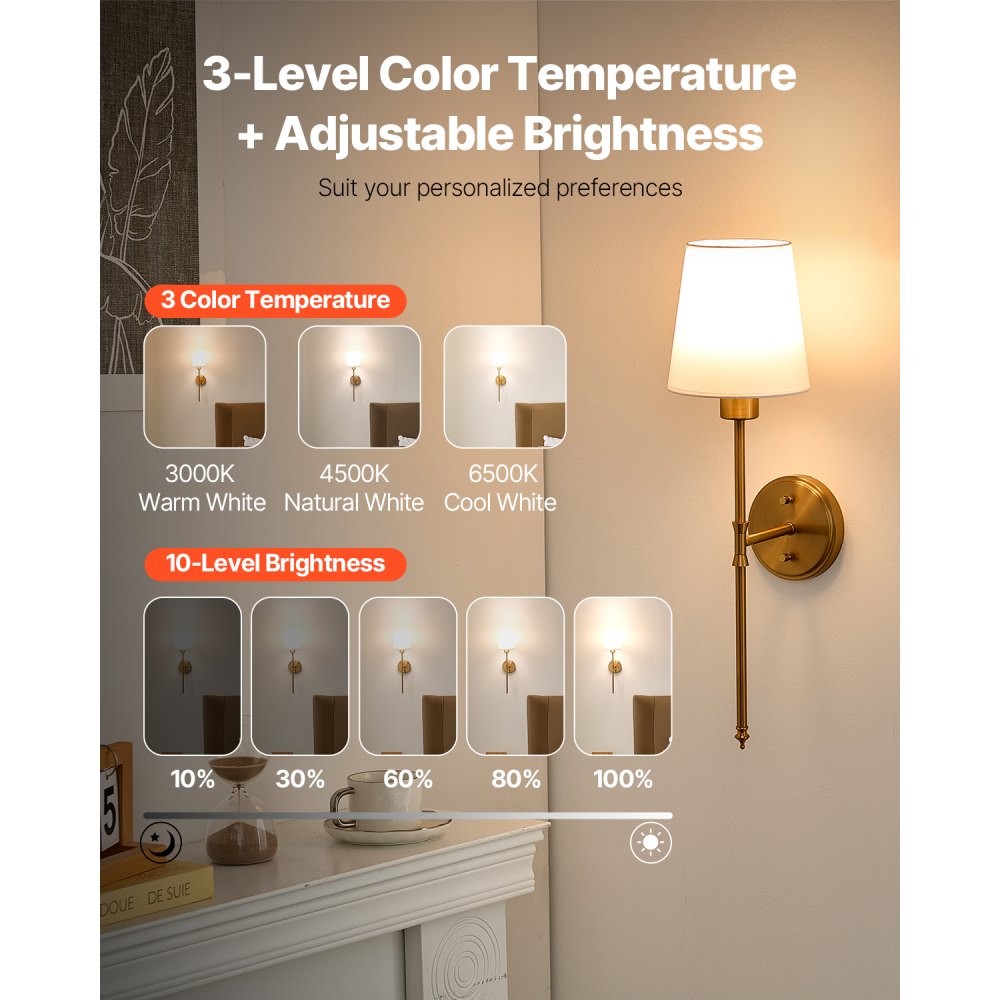 VEVOR Battery Operated Wall Sconce Set of 2, 4000mAh Rechargeable Wireless Wall Lights with Remote Control, 30 Lighting Modes, 12 RGB Colors & Timer, Dimmable Wall Lamp for Living Room Bedroom Hallway