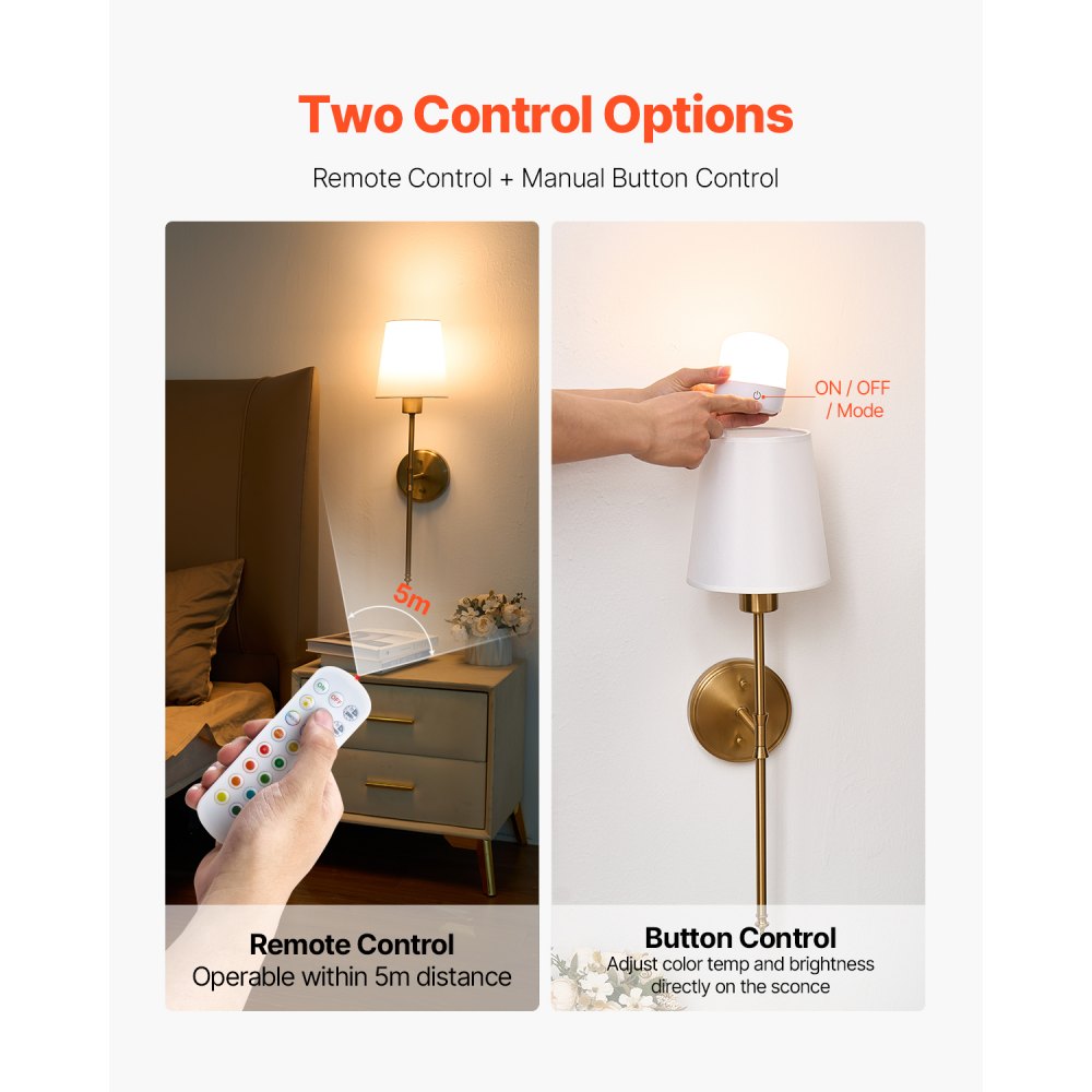 VEVOR Battery Operated Wall Sconce Set of 2, 4000mAh Rechargeable Wireless Wall Lights with Remote Control, 30 Lighting Modes, 12 RGB Colors & Timer, Dimmable Wall Lamp for Living Room Bedroom Hallway