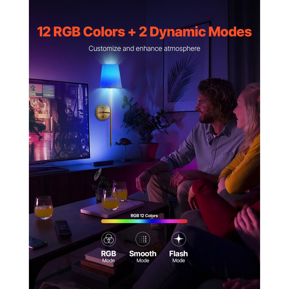 VEVOR Battery Operated Wall Sconce Set of 2, 4000mAh Rechargeable Wireless Wall Lights with Remote Control, 30 Lighting Modes, 12 RGB Colors & Timer, Dimmable Wall Lamp for Living Room Bedroom Hallway