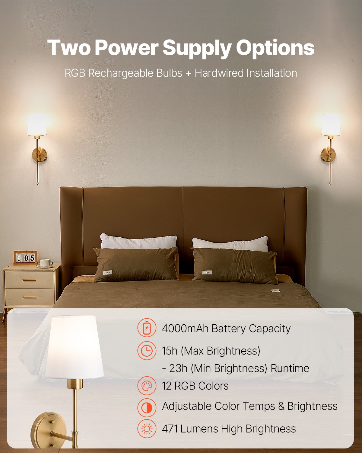 VEVOR Battery Operated Wall Sconce Set of 2, 4000mAh Rechargeable Wireless Wall Lights with Remote Control, 30 Lighting Modes, 12 RGB Colors & Timer, Dimmable Wall Lamp for Living Room Bedroom Hallway
