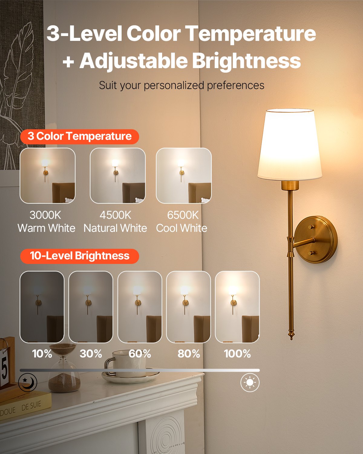 VEVOR Battery Operated Wall Sconce Set of 2, 4000mAh Rechargeable Wireless Wall Lights with Remote Control, 30 Lighting Modes, 12 RGB Colors & Timer, Dimmable Wall Lamp for Living Room Bedroom Hallway