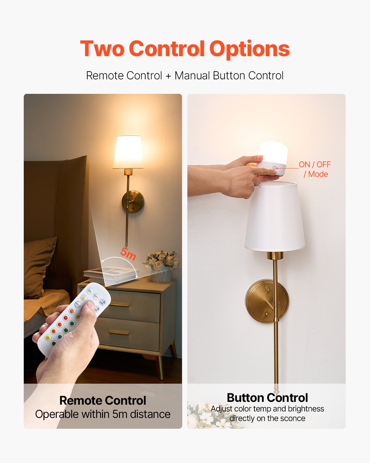 VEVOR Battery Operated Wall Sconce Set of 2, 4000mAh Rechargeable Wireless Wall Lights with Remote Control, 30 Lighting Modes, 12 RGB Colors & Timer, Dimmable Wall Lamp for Living Room Bedroom Hallway