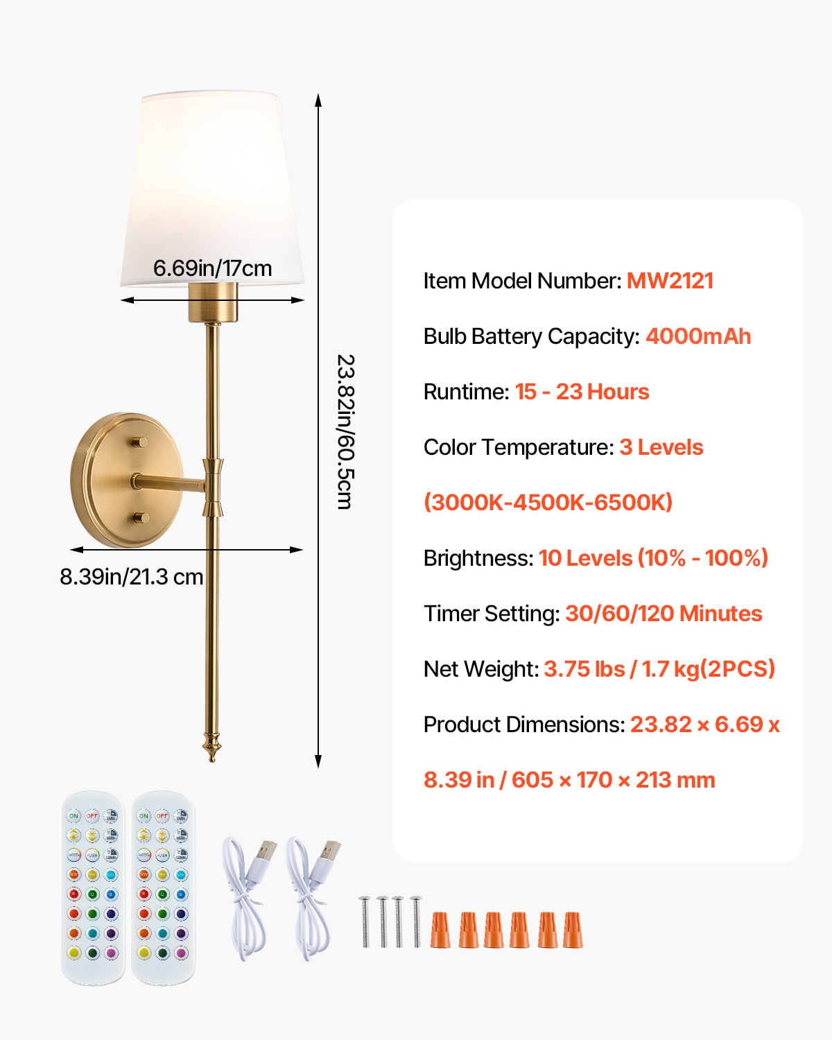 VEVOR Battery Operated Wall Sconce Set of 2, 4000mAh Rechargeable Wireless Wall Lights with Remote Control, 30 Lighting Modes, 12 RGB Colors & Timer, Dimmable Wall Lamp for Living Room Bedroom Hallway