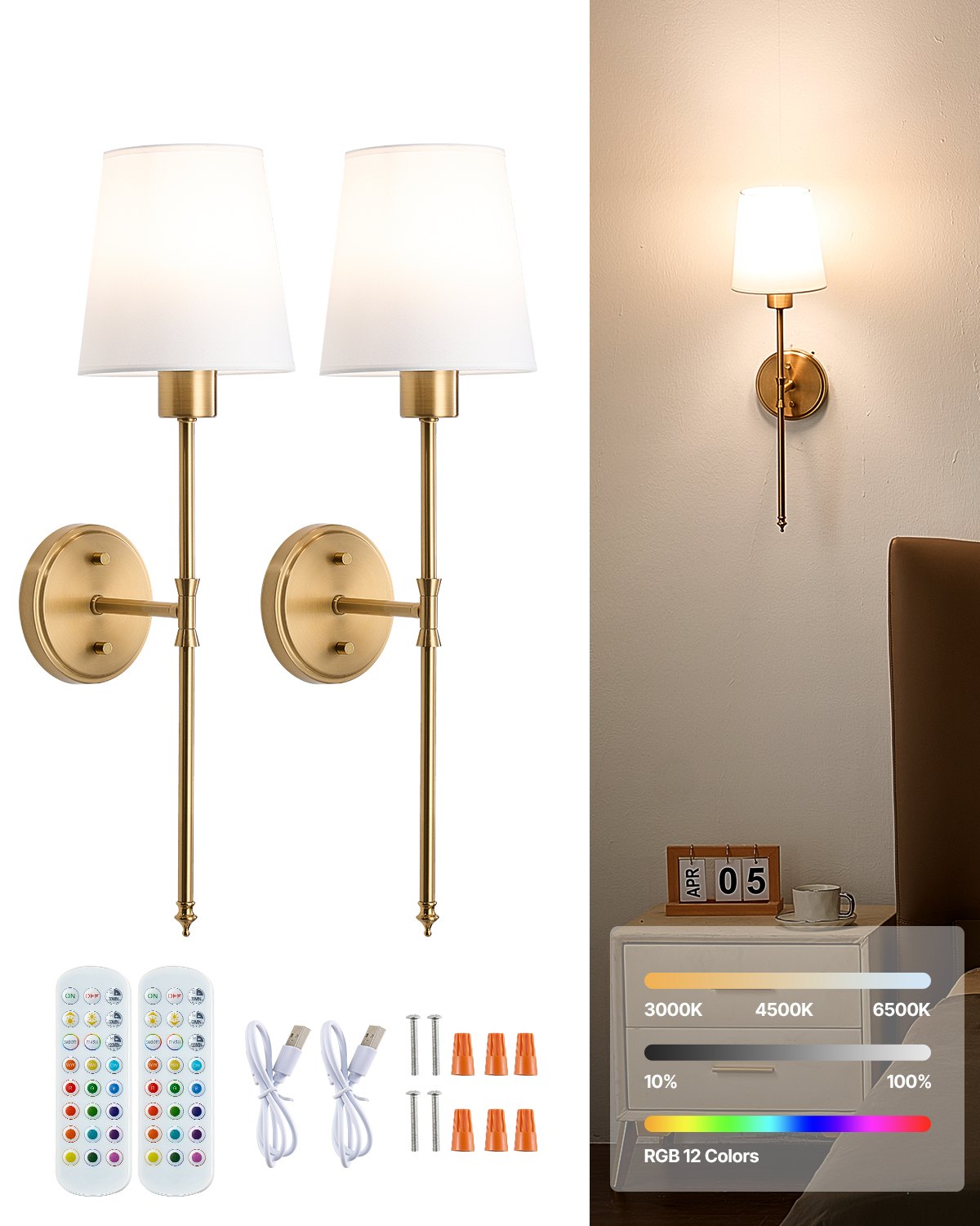 VEVOR Battery Operated Wall Sconce Set of 2, 4000mAh Rechargeable Wireless Wall Lights with Remote Control, 30 Lighting Modes, 12 RGB Colors & Timer, Dimmable Wall Lamp for Living Room Bedroom Hallway