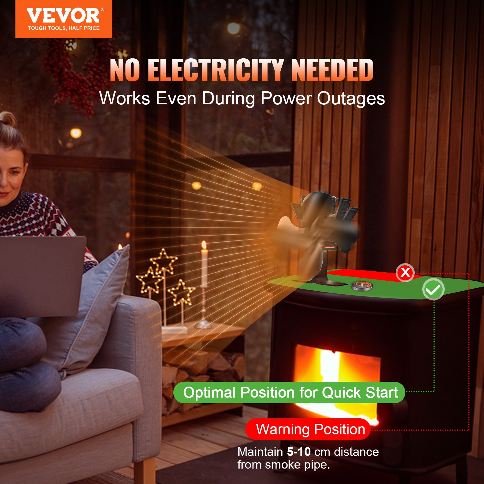 VEVOR Wood Stove Fan Heat Powered, Quiet Fireplace Fans for Wood/Log Burner/Heater, 180 CFM Max. Airflow Non Electric, Circulating Warm Air Saving Fuel, 4 Blades Upgrade Design, 9.3'' x 4.1'' x 9.1''