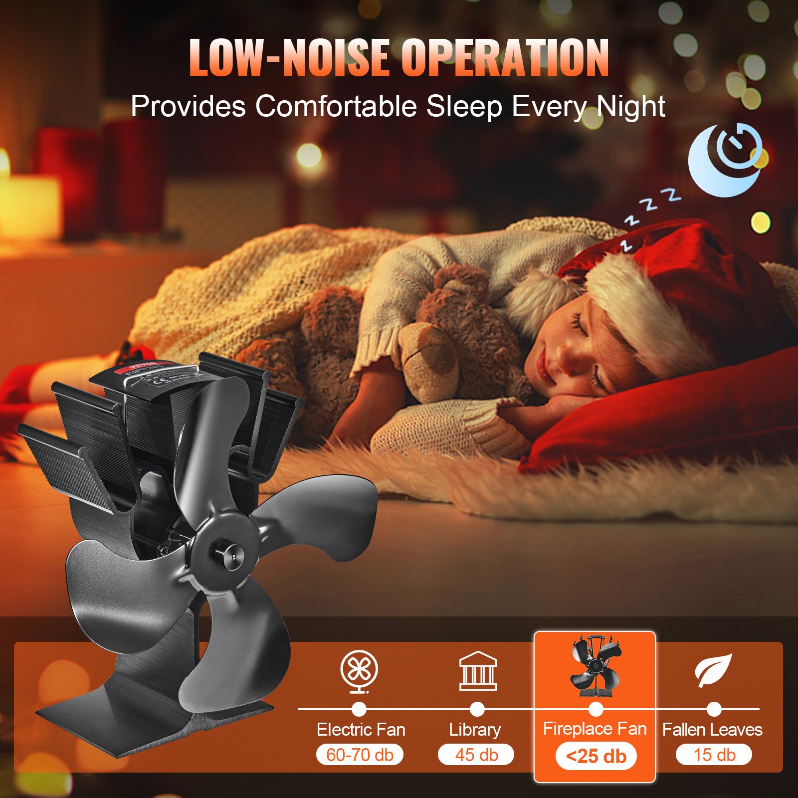 VEVOR Wood Stove Fan Heat Powered, Quiet Fireplace Fans for Wood/Log Burner/Heater, 180 CFM Max. Airflow Non Electric, Circulating Warm Air Saving Fuel, 4 Blades Upgrade Design, 9.3'' x 4.1'' x 9.1''