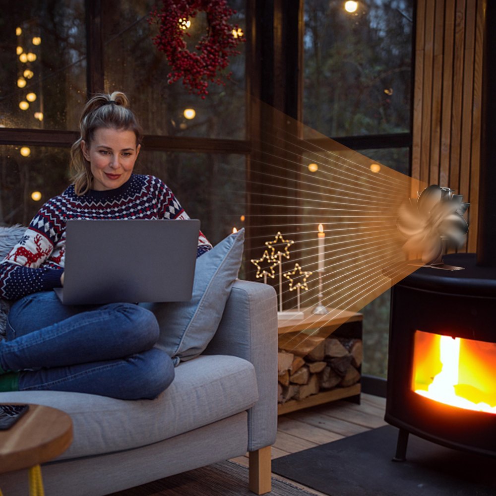VEVOR Wood Stove Fan Heat Powered, Quiet Fireplace Fans for Wood/Log Burner/Heater, 180 CFM Max. Airflow Non Electric, Circulating Warm Air Saving Fuel, 4 Blades Upgrade Design, 7.0'' x3.9'' x 7.0''