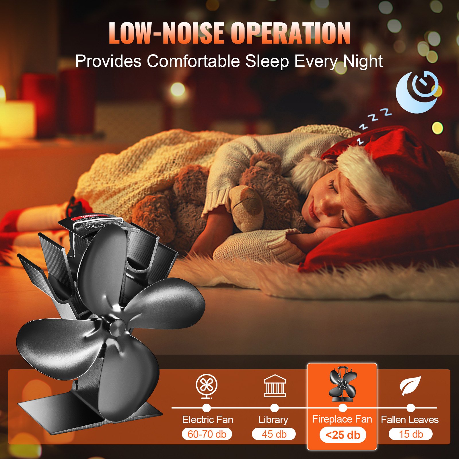 VEVOR Wood Stove Fan Heat Powered, Quiet Fireplace Fans for Wood/Log Burner/Heater, 180 CFM Max. Airflow Non Electric, Circulating Warm Air Saving Fuel, 4 Blades Upgrade Design, 7.0'' x3.9'' x 7.0''