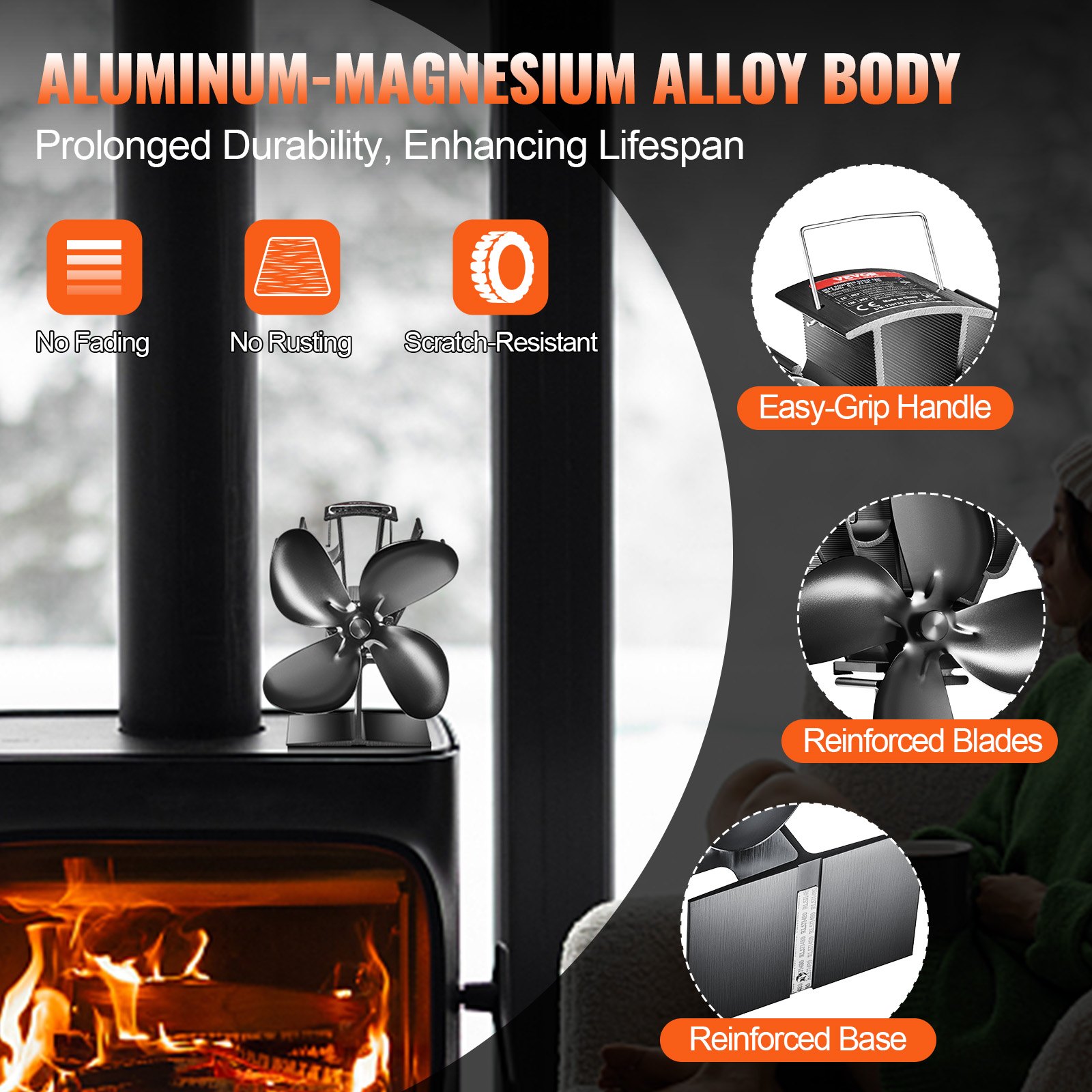 VEVOR Wood Stove Fan Heat Powered, Quiet Fireplace Fans for Wood/Log Burner/Heater, 180 CFM Max. Airflow Non Electric, Circulating Warm Air Saving Fuel, 4 Blades Upgrade Design, 7.0'' x3.9'' x 7.0''