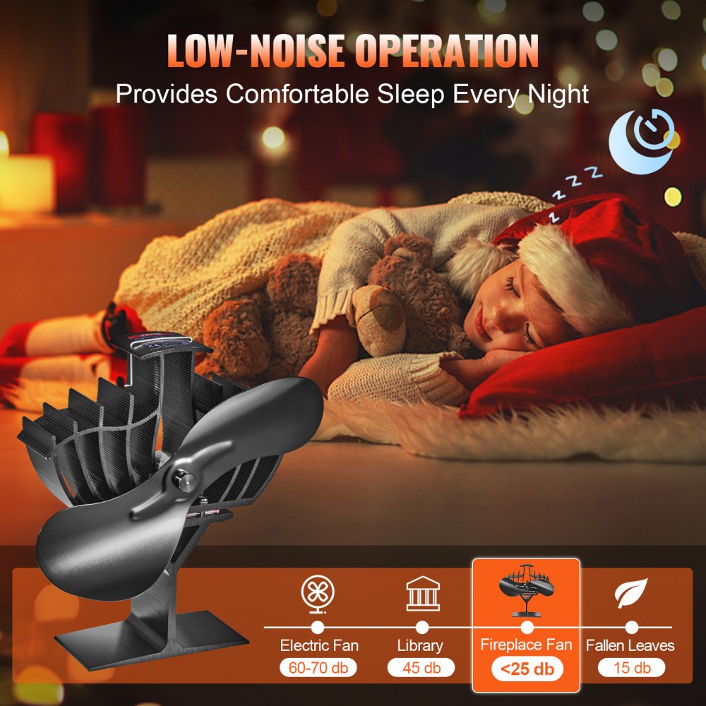 VEVOR Wood Stove Fan Heat Powered, Quiet Fireplace Fans for Wood/Log Burner/Heater, 260 CFM Max. Airflow Non Electric, Aluminum Alloy Circulating Warm Air Saving Fuel, 2 Blades, 7.1'' x 4.2'' x 7.7''