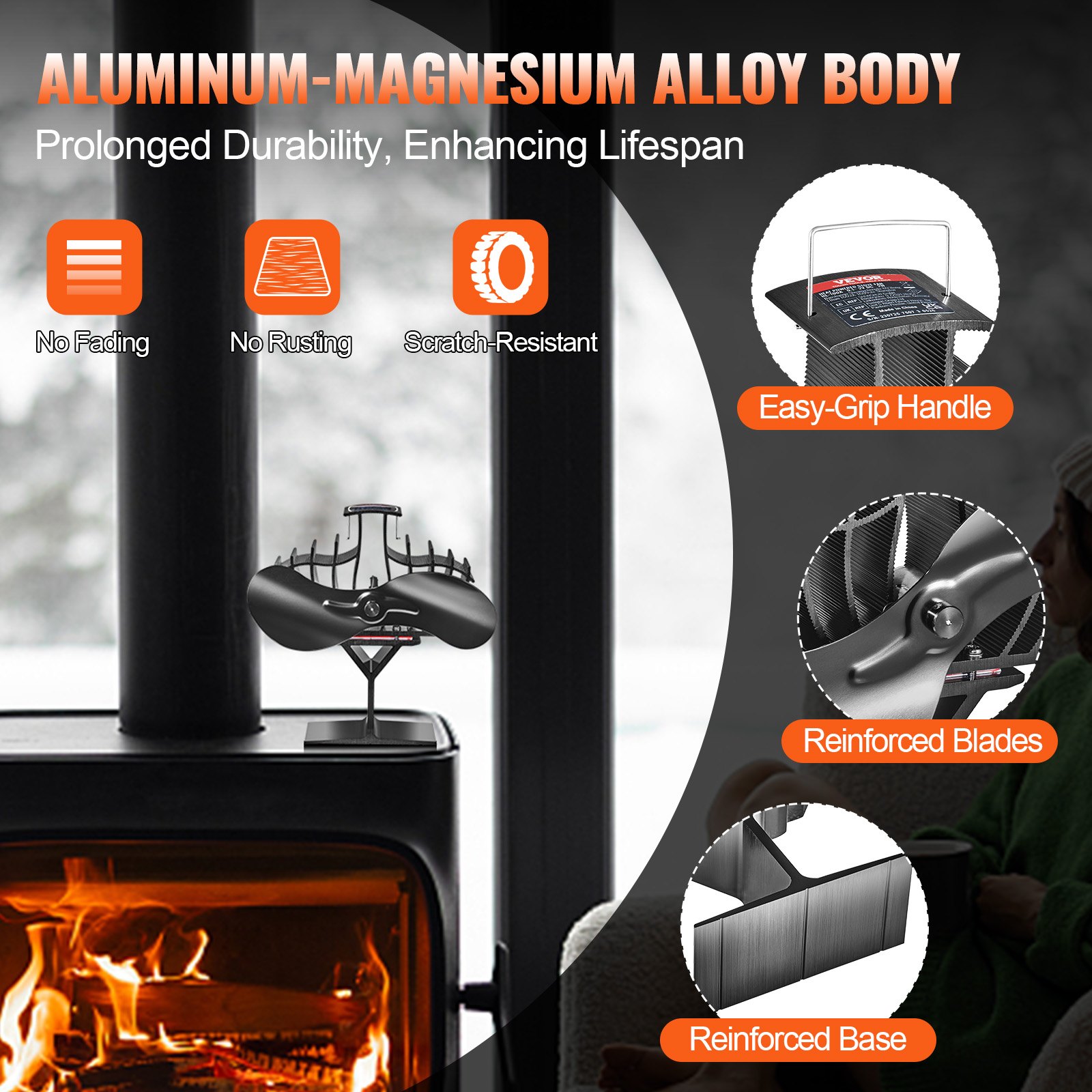 VEVOR Wood Stove Fan Heat Powered, Quiet Fireplace Fans for Wood/Log Burner/Heater, 260 CFM Max. Airflow Non Electric, Aluminum Alloy Circulating Warm Air Saving Fuel, 2 Blades, 7.1'' x 4.2'' x 7.7''