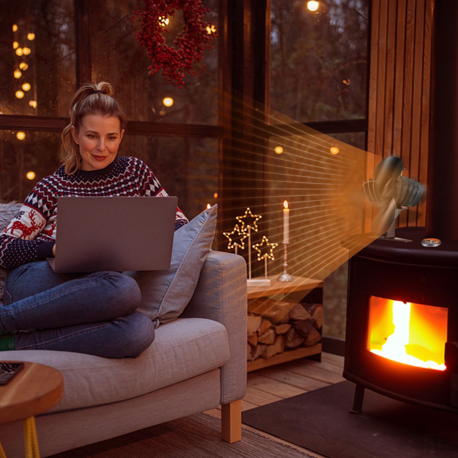 VEVOR Wood Stove Fan Heat Powered, Quiet Fireplace Fans for Wood/Log Burner/Heater, 260 CFM Max. Airflow Non Electric, Aluminum Alloy Circulating Warm Air Saving Fuel, 2 Blades, 7.1'' x 4.2'' x 7.7''